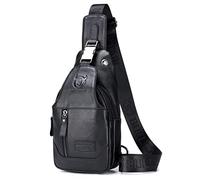 Hebetag Sac à bandoulière en cuir pour homme et femme, voyage, camping en plein air, Noir, Sacs à dos de jour