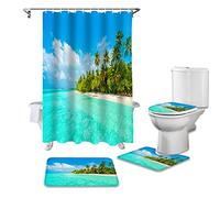 HEBIQUAN Plage océan Ciel Vue Salle de Bain Rideau de Douche Tapis de Douche Ensemble de Tapis Couverture de Toilette Couverture Tapis de Sol Accessoires de Salle de Bain