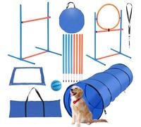 Hebitod Agility Lot de 5 accessoires d'agilité pour chien, slalom, obstacle d'agilité, anneau de saut et tunnel pour chien, 8 barres de slalom, balle, sifflet, sac de transport, parcours pour chien