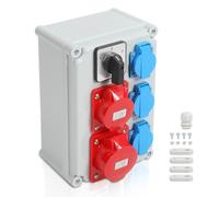 Hebitod Distributeur de courant 32 A IP65 avec interrupteur à cames 32 A L-0-P, 3 prises Schuko 16 A, CEE 16A et CEE 32 A 5 broches, répartiteur mural pour chantier commercial