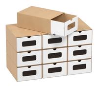 Hebitod Lot de 10 boîtes de rangement pour chaussures - Blanc/marron - Pliable - 35 × 23 × 13,5 cm - Empilable - Boîte à chaussures - Tiroir - Boîte polyvalente en carton kraft pour jusqu'à la taille