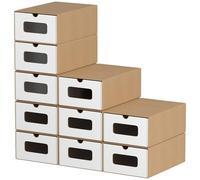Hebitod Lot de 20 boîtes de rangement pour chaussures - Blanc/marron - Pliable - 35 × 23 × 13,5 cm - Empilables - Boîtes à chaussures - Tiroir - En carton kraft - Pour jusqu'à la taille 45