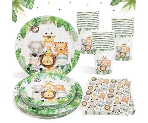 Heboland Assiette Jungle Anniversaire pour 25 Invités, 100pcs Safari Thème Animaux Réutilisable Vaisselle Serviettes Gobelets pour Decoration Garçons Filles, Deco Baby Shower