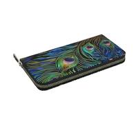 HEBSDFG Portefeuille long en cuir synthétique avec porte-cartes et fermeture éclair pour homme et femme Motif floral Rouge, Plume de paon 1, Taille unique, Décontracté