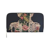HEBSDFG Portefeuille long en cuir synthétique avec porte-cartes et fermeture éclair pour homme et femme Rose, Tête de mort squelette avec fleur, One Size, Moderne
