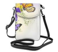 HEBSDFG Rustic Wooden Store Sac à main pour téléphone portable imprimé en cuir PU avec bandoulière réglable, Papillons floraux violets et jaunes, Taille unique
