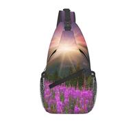 HEBSDFG Sac à dos à bandoulière à motif de chiot patriotique avec fermeture éclair pour l'école, les voyages et le travail, Montagnes avec fleurs roses, One Size, Sac à dos en bandoulière