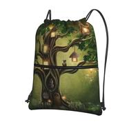 HEBSDFG Sac à dos avec cordon de serrage imprimé chiot patriotique résistant à l'eau Sac à dos décontracté pour le sport, la gym, les voyages pour homme et femme, Oiseaux d'arbres mystérieux, One Size