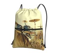 HEBSDFG Sac à dos avec cordon de serrage, note de musique, imprimé en bois coloré, résistant à l'eau, sac à dos décontracté pour le sport, la gym, les voyages pour homme et femme, Music Drum in Field
