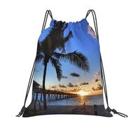 HEBSDFG Sac à dos de sport léger et réutilisable avec cordon de serrage Motif étoiles de mer avec lunettes jaunes, Palmier Sunrise Seaside, One Size, Sac à dos de voyage