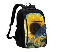 HEBSDFG Sac à dos de voyage pour ordinateur portable de 33 à 40,6 cm avec imprimé mer tropicale - Pour l'école, la randonnée, le travail en plein air - Blanc, Tournesols jaunes avec papillons bleus
