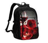 HEBSDFG Sac à dos de voyage pour ordinateur portable de 33 à 40,6 cm, pour l'école, la randonnée, le travail en plein air Motif rose rouge, Décoration romantique rose rouge et vin pour amoureux, One