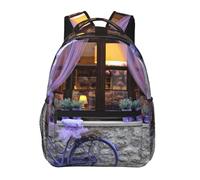 HEBSDFG Sac à dos léger pour ordinateur portable avec imprimé éléphants pleine lune rouge, Vélo violet près de la fenêtre, One Size, Sac à dos daypack