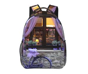 HEBSDFG Sac à dos léger pour ordinateur portable avec imprimé éléphants pleine lune rouge, Vélo violet près de la fenêtre, One Size, Sac à dos daypack