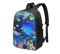 HEBSDFG Sac à dos pour ordinateur portable de 17 pouces pour homme et femme, imprimé paon blanc, sac à dos décontracté pour l'école, les voyages, le travail, Dauphin du monde sous-marin, One Size, Sac