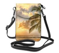 HEBSDFG Sac à main pour téléphone portable en cuir synthétique avec imprimé rose bleu sarcelle et rose pour homme et femme avec bandoulière réglable, Palmier hawaïen coucher de soleil, Taille unique
