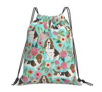 HEBSDFG Terrazzo Sac à dos de sport léger et réutilisable avec cordon de serrage pour femme Motif marbre pastel, Sweet Basset Hound Florals, One Size, Sac à dos de voyage