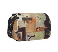 HEBSDFG Trousse à crayons double couche avec couvercle rabattable - Motif fleur de lotus - En bambou - Pour fournitures scolaires, voyages et maquillage, Scrapbooking Halloween, Taille unique