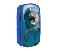 HEBSDFG Trousse à crayons drôle avec motif dauphin qui vous regarde, noir, grande capacité, avec emplacements pour stylos et pochettes pour l'école, les voyages, le maquillage, bleu, Taille unique