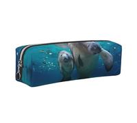 HEBSDFG Trousse à crayons en cuir avec imprimé lamantins des Antilles et pochette à cosmétiques, fermeture éclair dorée pour bureau, école, voyage, cadeau, Argenté., One Size, Cartable