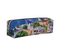 HEBSDFG Trousse à crayons en cuir avec imprimé pont d'Europe ancienne et pochette cosmétique, fermeture éclair dorée pour bureau, école, voyage, cadeau, Argenté., One Size, Cartable
