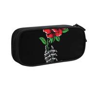 HEBSDFG Trousse à crayons mignonne avec imprimé tête de mort et rose pour garçons et filles, trousse de voyage noire haute capacité, trousse de maquillage pour étudiants, école, université, bureau