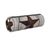 HEBSDFG Trousse à crayons ronde en bois rustique avec motif étoiles du Texas, fermeture éclair dorée, organiseur de papeterie de bureau, trousse à crayons en cuir pour l'école, le bureau, les voyages