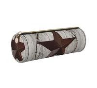 HEBSDFG Trousse à crayons ronde en bois rustique avec motif étoiles du Texas, fermeture éclair dorée, organiseur de papeterie de bureau, trousse à crayons en cuir pour l'école, le bureau, les voyages