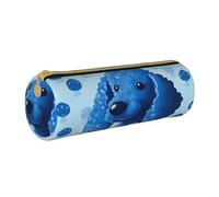 HEBSDFG Trousse à crayons ronde en cuir PVC avec fermeture éclair pour l'école, le bureau, les voyages - Motif caniche bleu à pois, blanc, Taille unique, Cartable