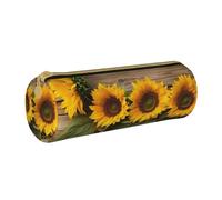 HEBSDFG Trousse à crayons ronde en cuir PVC avec trois tournesols sur bois avec fermeture éclair pour l'école, le bureau, les voyages, cadeau élégant, blanc, Taille unique, Cartable