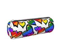 HEBSDFG Trousse à crayons ronde et colorée arc-en-ciel avec imprimé cœurs et pochette cosmétique, fermeture éclair dorée, organiseur de papeterie de bureau, trousse à crayons en cuir pour l'école, le