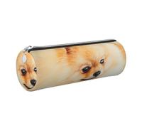 HEBSDFG Trousse ronde en cuir avec fermeture éclair dorée - Imprimé Poméranie jaune - Pour l'école, le bureau, les voyages, Argenté., One Size, Cartable