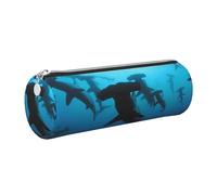 HEBSDFG Trousse ronde en cuir avec motif requins marteaux, fermeture éclair dorée, pour l'école, le bureau, les voyages, Argenté., One Size, Cartable