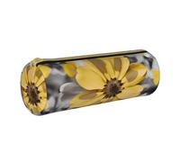 HEBSDFG Trousse ronde en cuir PVC avec fermeture éclair - Motif floral jaune et gris - Cadeau élégant, blanc, Taille unique, Cartable