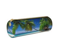 HEBSDFG Trousse ronde en cuir PVC avec fermeture éclair - Motif palmiers et mer transparente - Cadeau élégant, blanc, Taille unique, Cartable