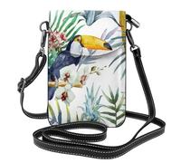 HEBSDFG West Desert with Cowboys Riding Horses Sac à main pour téléphone portable imprimé pour homme et femme Sac à bandoulière en cuir PU avec sac à bandoulière réglable, Oiseau tropical feuilles