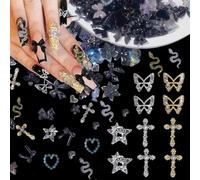 Hebterrka 100 Pièces Croix Papillon Planète, Étoile 3D Noire Fleur Arc Décoration Ongles Coeur Divers Arts