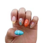 Hebterrka 24 pièces soleil d'été Press-on Ongles French Tips Manucure Art Amande Moyenne Acrylique Ongles artificiels, Ongles à coller avec design de vagues