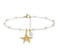Hebterrka Bracelet de cheville hawaïen en acier inoxydable or 18 carats avec perles dorées et étoiles de mer pour femme, or, L