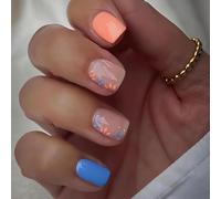 Hebterrka Lot de 24 faux ongles courts à pression, carrés, fleurs bleues et oranges, décorations de nail art printemps/été, en acrylique