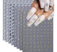 Hebterrka Lot de 8 feuilles d'autocollants pour ongles - Lettres anglaises anciennes - 3D - Doré, argent, noir, blanc - Motif anglais rétro