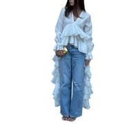 Hecatombic Élégante Chemise Longue À Ourlet Irrégulier Et Manches Trompette À Volants pour Femmes Y2k Tendance De La Mode Printemps Et Automne Sortir des Hauts Esthétiques De Fête (Blanc,Grand)