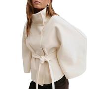 Hecatombic Mode Automne Et Hiver Pour Femmes Couleur Unie Col Montant Bouton Cape Courte En Tweed Rétro Élégante Classique Affaires Veste Décontractée Avec Ceinture