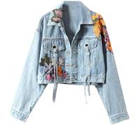 Hecatombic Mode Féminine Rétro Revers Broderie Florale Paillettes Veste En Jean Décorée Printemps Et Automne Lâche Tendance Décontractée Sortir Veste De Fête (Bleu,Taille unique)