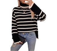 Hecatombic Pull en Tricot à Manches Longues Et Col Haut pour Femmes Pull Classique à Rayures Amples Automne élégant Décontracté Couleur Collision Fente Pull (Noir,L)