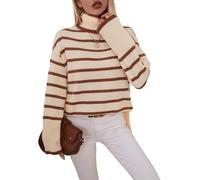 Hecatombic Pull en Tricot à Manches Longues Et Col Haut pour Femmes Pull Classique à Rayures Amples Automne élégant Décontracté Couleur Collision Fente Pull (Abricot,L)