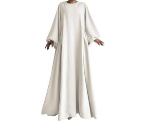 Hecatombic Robe Abaya Musulmane Élégante pour Femmes Mode Décontractée Islamique Traditionnelle Longue Prière Vêtements Couleur Unie Lâche Culte du Ramadan Robe De Couverture Complète (Blanc,TG)