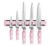hecef 5 Pièces Set Couteau Cuisine avec Porte Couteaux Aimanté (33 cm), Couteaux de Cuisine Professionnels en Acier Inoxydable, Aimant Couteau Mural pour Les Couteaux et Les Ustensiles (Rosa)