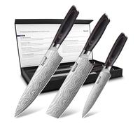 hecef Coffret de Couteaux Cuisine 3 pièces Acier - Manches Ergonomiques Pakkawood, Motif Damas Laser, Ultra-Tranchants, Chef, Nakiri & Universel, Élégance et Polyvalence pour Tous