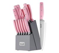 hecef Couteau Cuisine, Porte Couteaux de Cuisine 14 Pièces, Ensemble Couteaux de Cuisine en Acier Inoxydable avec Bloc en Bois, Couteaux de chef Professionnels - Plus de Choix de Couleur (Rose)